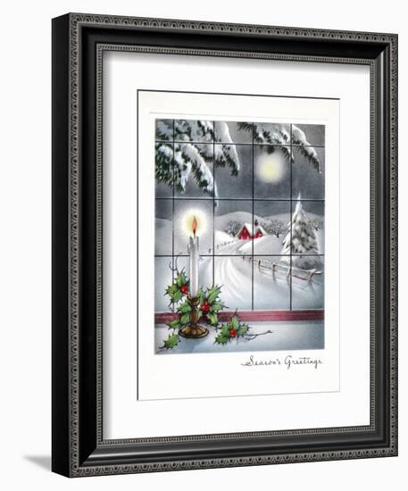 Greeting Card - Candles Season's Greetings - Winter Scene with Candle in the Window-null-Framed Art Print