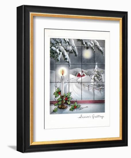 Greeting Card - Candles Season's Greetings - Winter Scene with Candle in the Window-null-Framed Art Print