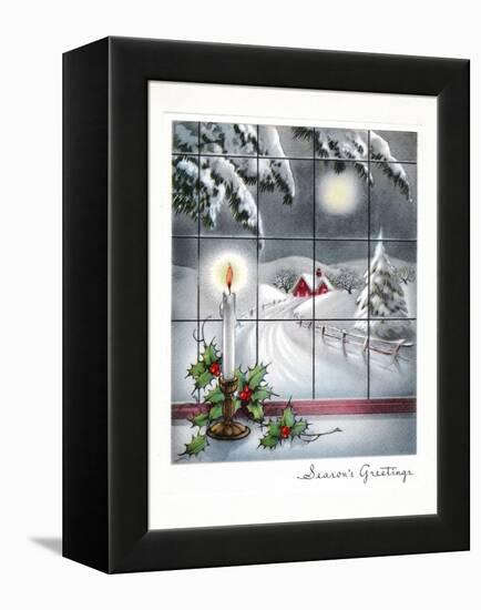 Greeting Card - Candles Season's Greetings - Winter Scene with Candle in the Window-null-Framed Stretched Canvas