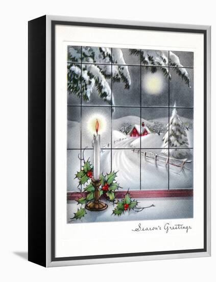 Greeting Card - Candles Season's Greetings - Winter Scene with Candle in the Window-null-Framed Stretched Canvas