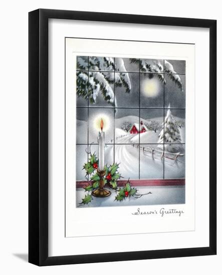 Greeting Card - Candles Season's Greetings - Winter Scene with Candle in the Window-null-Framed Art Print