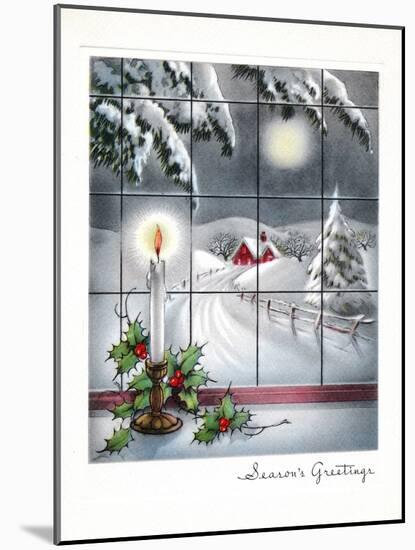Greeting Card - Candles Season's Greetings - Winter Scene with Candle in the Window-null-Mounted Art Print