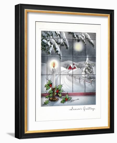 Greeting Card - Candles Season's Greetings - Winter Scene with Candle in the Window-null-Framed Art Print
