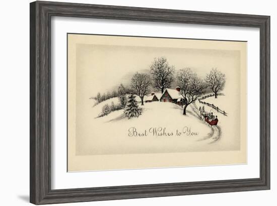 Greeting Card - Snow Covered House with Red Windows and a Red Carriage-null-Framed Art Print