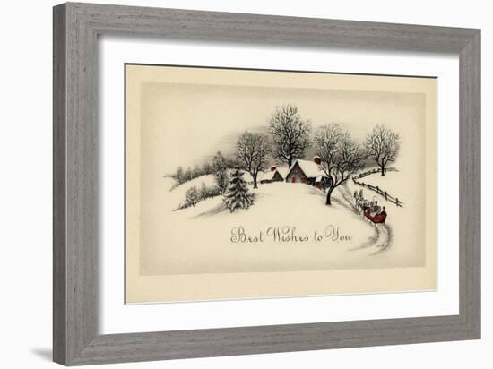 Greeting Card - Snow Covered House with Red Windows and a Red Carriage-null-Framed Art Print