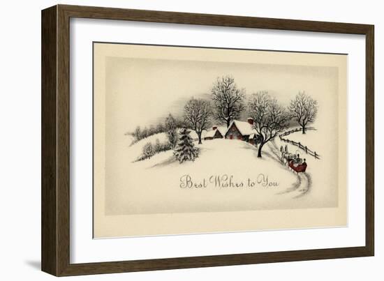 Greeting Card - Snow Covered House with Red Windows and a Red Carriage-null-Framed Art Print