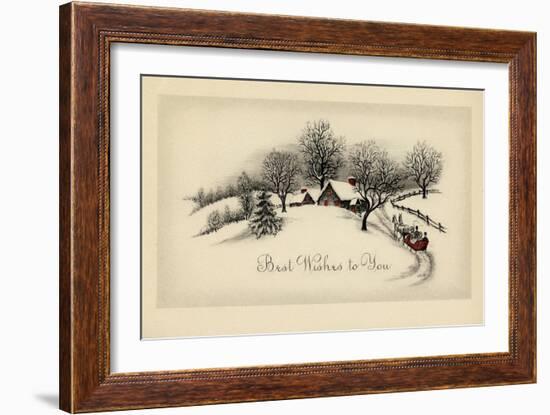 Greeting Card - Snow Covered House with Red Windows and a Red Carriage-null-Framed Art Print