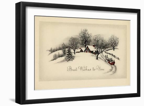 Greeting Card - Snow Covered House with Red Windows and a Red Carriage-null-Framed Art Print