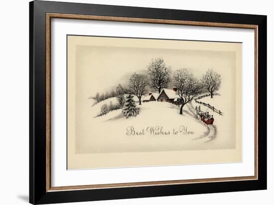 Greeting Card - Snow Covered House with Red Windows and a Red Carriage-null-Framed Art Print