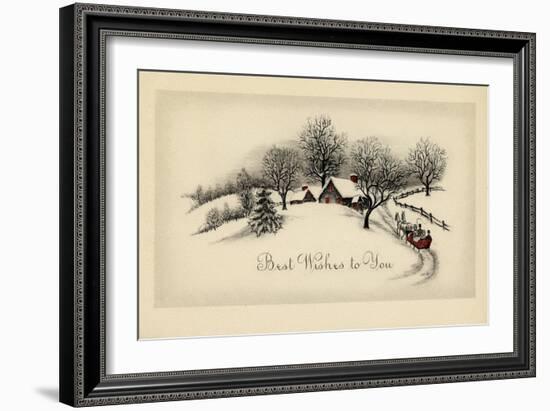 Greeting Card - Snow Covered House with Red Windows and a Red Carriage-null-Framed Art Print