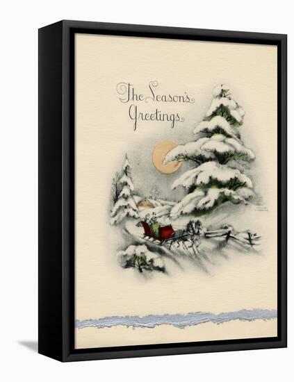 Greeting Card - The Season's Greetings, Winter Scene with Red Carriage-null-Framed Stretched Canvas