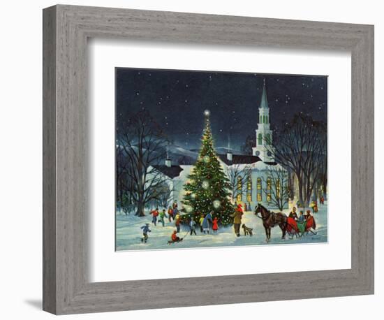 Greeting Card - White Church with Large Tree and People Surrounding-null-Framed Premium Giclee Print