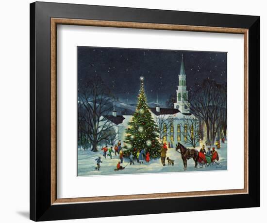 Greeting Card - White Church with Large Tree and People Surrounding-null-Framed Premium Giclee Print
