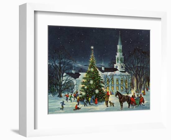 Greeting Card - White Church with Large Tree and People Surrounding-null-Framed Premium Giclee Print