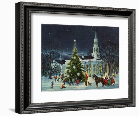 Greeting Card - White Church with Large Tree and People Surrounding-null-Framed Premium Giclee Print