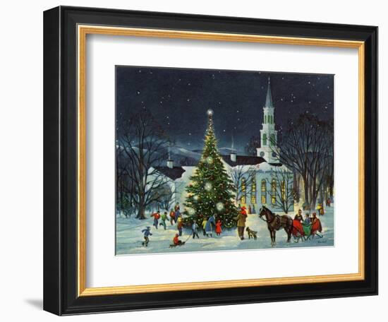 Greeting Card - White Church with Large Tree and People Surrounding-null-Framed Premium Giclee Print