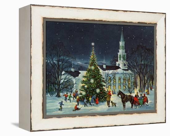 Greeting Card - White Church with Large Tree and People Surrounding-null-Framed Stretched Canvas