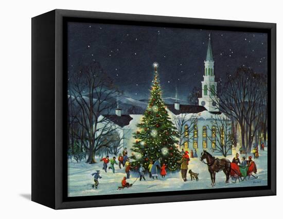 Greeting Card - White Church with Large Tree and People Surrounding-null-Framed Stretched Canvas