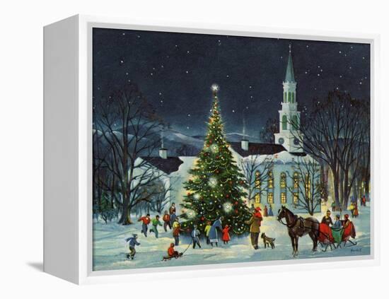 Greeting Card - White Church with Large Tree and People Surrounding-null-Framed Stretched Canvas