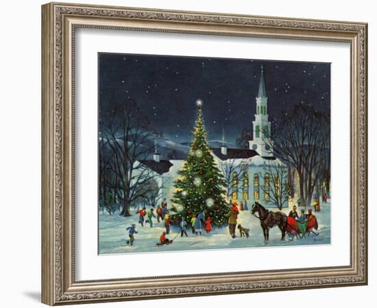 Greeting Card - White Church with Large Tree and People Surrounding-null-Framed Art Print