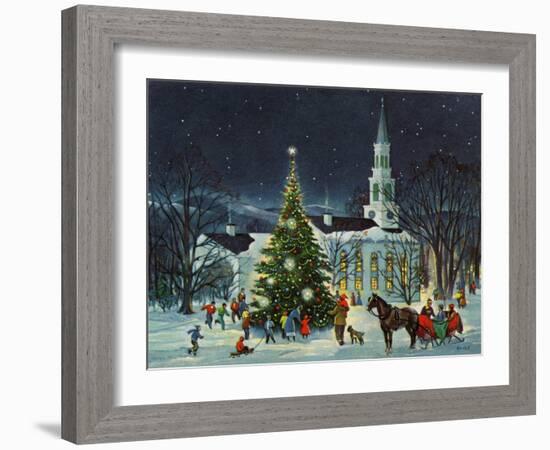 Greeting Card - White Church with Large Tree and People Surrounding-null-Framed Art Print