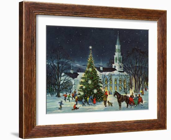 Greeting Card - White Church with Large Tree and People Surrounding-null-Framed Art Print