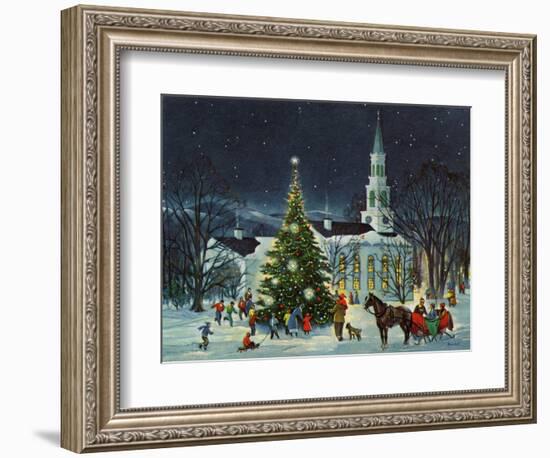 Greeting Card - White Church with Large Tree and People Surrounding-null-Framed Art Print