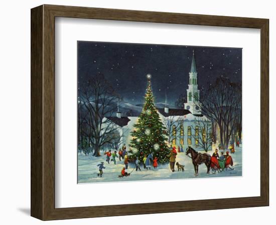 Greeting Card - White Church with Large Tree and People Surrounding--Framed Art Print