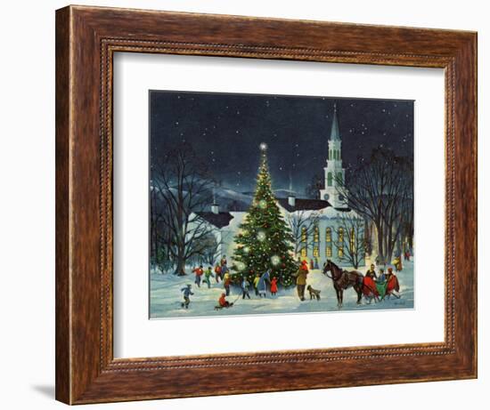 Greeting Card - White Church with Large Tree and People Surrounding--Framed Art Print