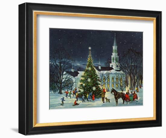Greeting Card - White Church with Large Tree and People Surrounding--Framed Art Print