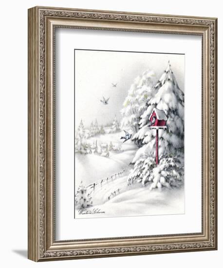 Greeting Card - Winter Scene with Red Birdhouse, National Museum of American History-null-Framed Art Print