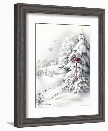 Greeting Card - Winter Scene with Red Birdhouse, National Museum of American History-null-Framed Art Print