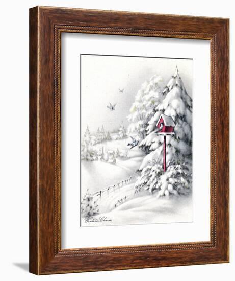 Greeting Card - Winter Scene with Red Birdhouse, National Museum of American History-null-Framed Art Print