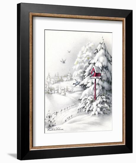 Greeting Card - Winter Scene with Red Birdhouse, National Museum of American History-null-Framed Art Print