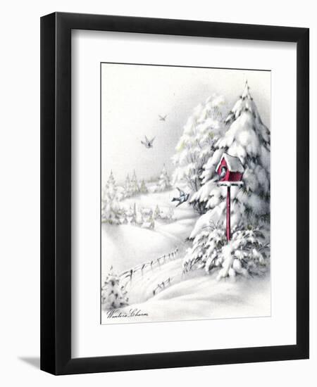 Greeting Card - Winter Scene with Red Birdhouse, National Museum of American History-null-Framed Art Print