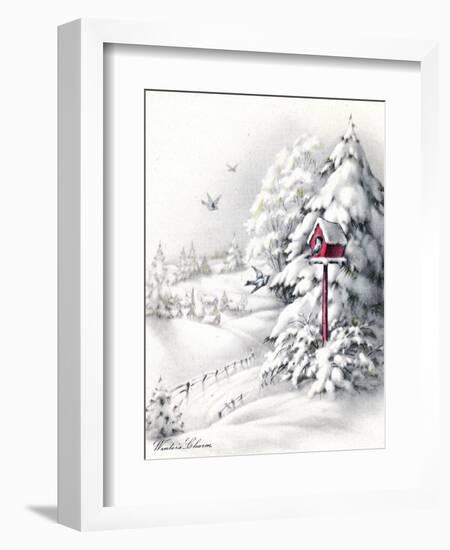 Greeting Card - Winter Scene with Red Birdhouse, National Museum of American History-null-Framed Art Print