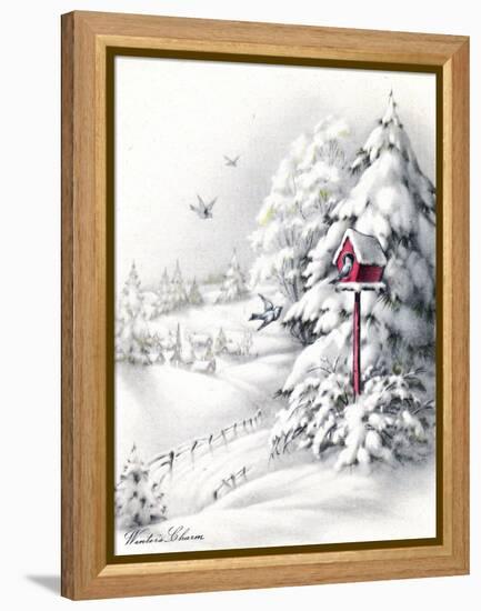 Greeting Card - Winter Scene with Red Birdhouse, National Museum of American History-null-Framed Stretched Canvas