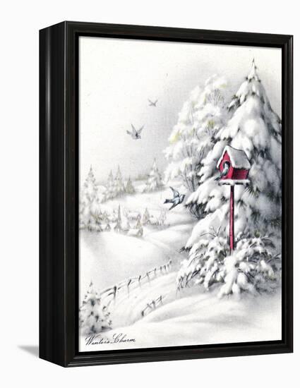 Greeting Card - Winter Scene with Red Birdhouse, National Museum of American History-null-Framed Stretched Canvas