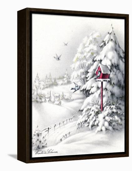 Greeting Card - Winter Scene with Red Birdhouse, National Museum of American History-null-Framed Stretched Canvas