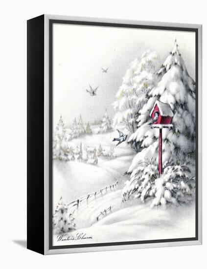 Greeting Card - Winter Scene with Red Birdhouse, National Museum of American History-null-Framed Stretched Canvas