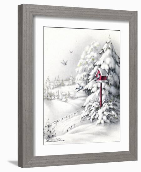 Greeting Card - Winter Scene with Red Birdhouse, National Museum of American History-null-Framed Art Print