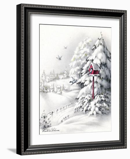 Greeting Card - Winter Scene with Red Birdhouse, National Museum of American History-null-Framed Art Print