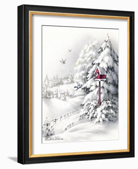 Greeting Card - Winter Scene with Red Birdhouse, National Museum of American History-null-Framed Art Print