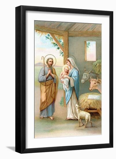 Greeting Cards, Holiday Madonna and Child in stable with Cows and Lamb-null-Framed Art Print