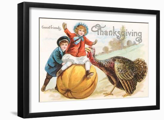 Greetings, Children with Turkey and Pumpkin-null-Framed Art Print