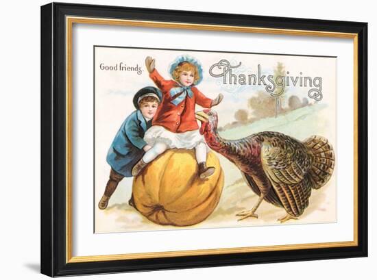 Greetings, Children with Turkey and Pumpkin-null-Framed Art Print