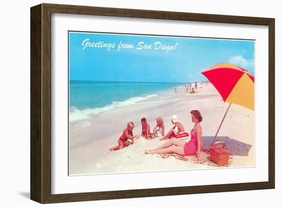 Greetings, Family on Beach, San Diego, California-null-Framed Art Print