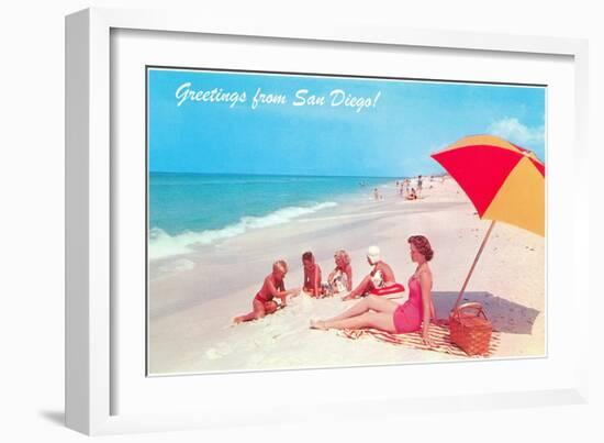 Greetings, Family on Beach, San Diego, California-null-Framed Art Print