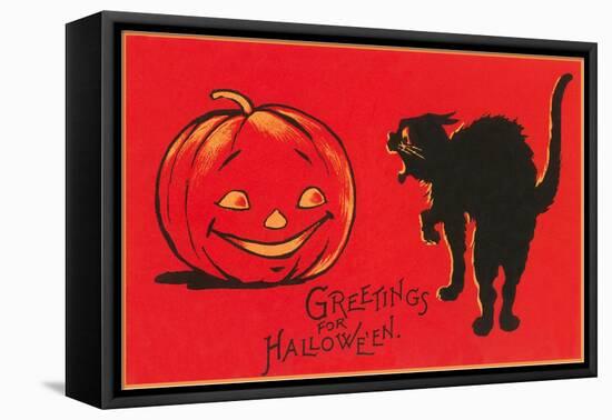 Greetings for Halloween, Black Cat and Jack O'Lantern-null-Framed Stretched Canvas