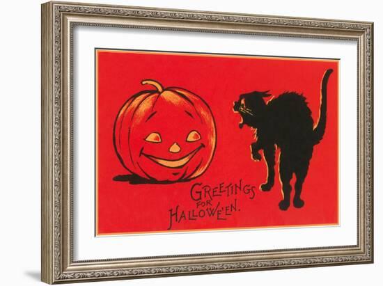 Greetings for Halloween, Black Cat and Jack O'Lantern-null-Framed Art Print